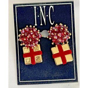 I.N.C. INTERNATIONAL CONCEPTS Red-Gold Beaded Bow Wrapped Present Drop Earrings